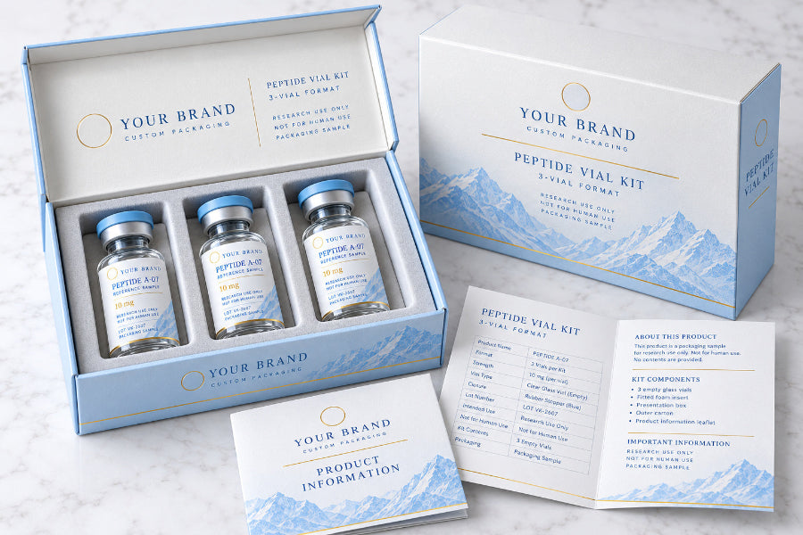 Coordinated custom vial labels, carton, inserts and pouch