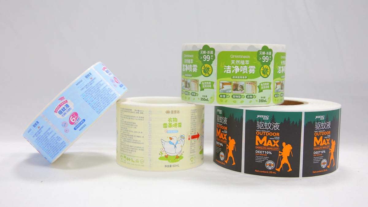 Household and personal-care roll label samples selected from IMG_2782
